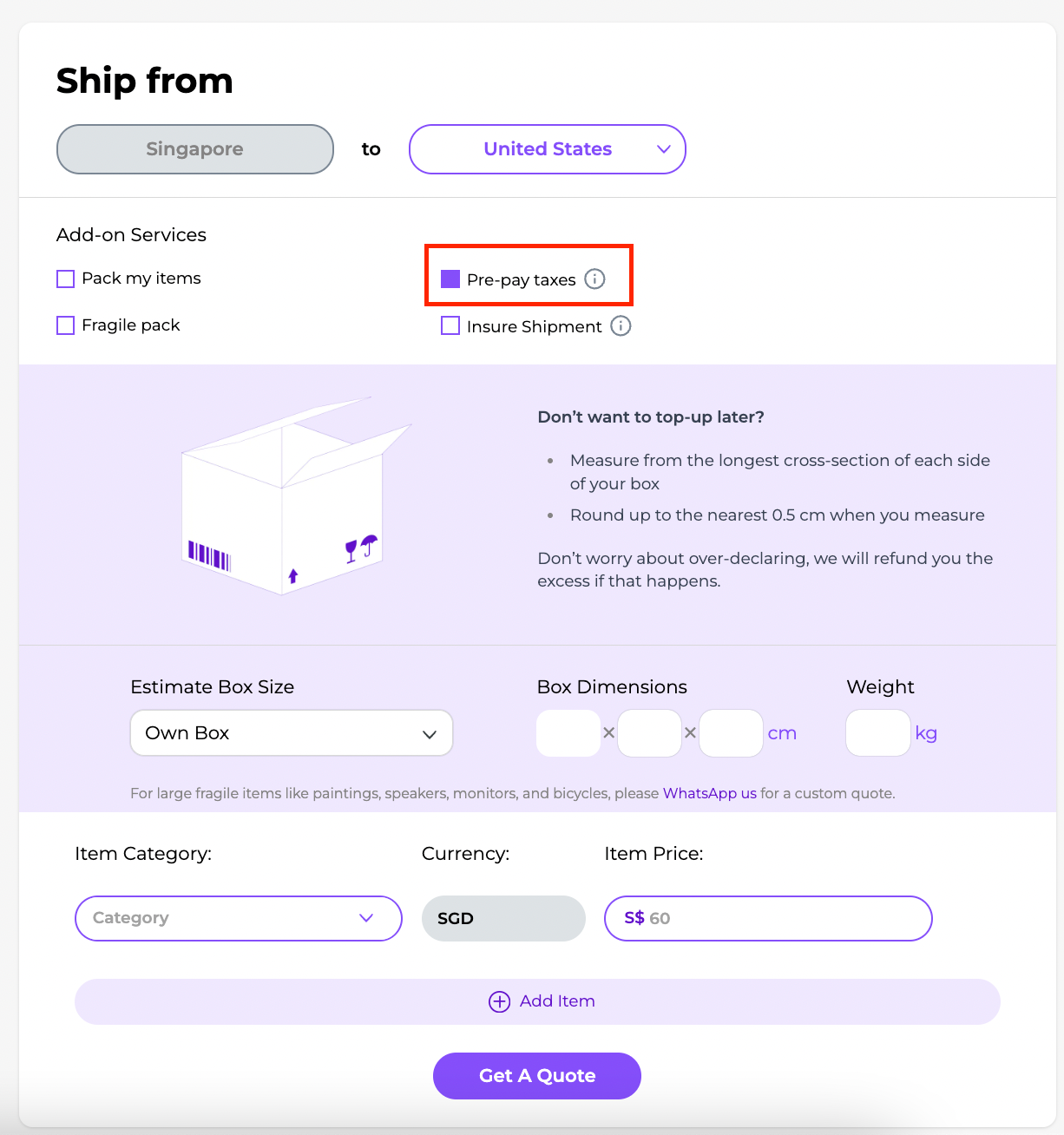 JustShip’s rate calculator with DDP 