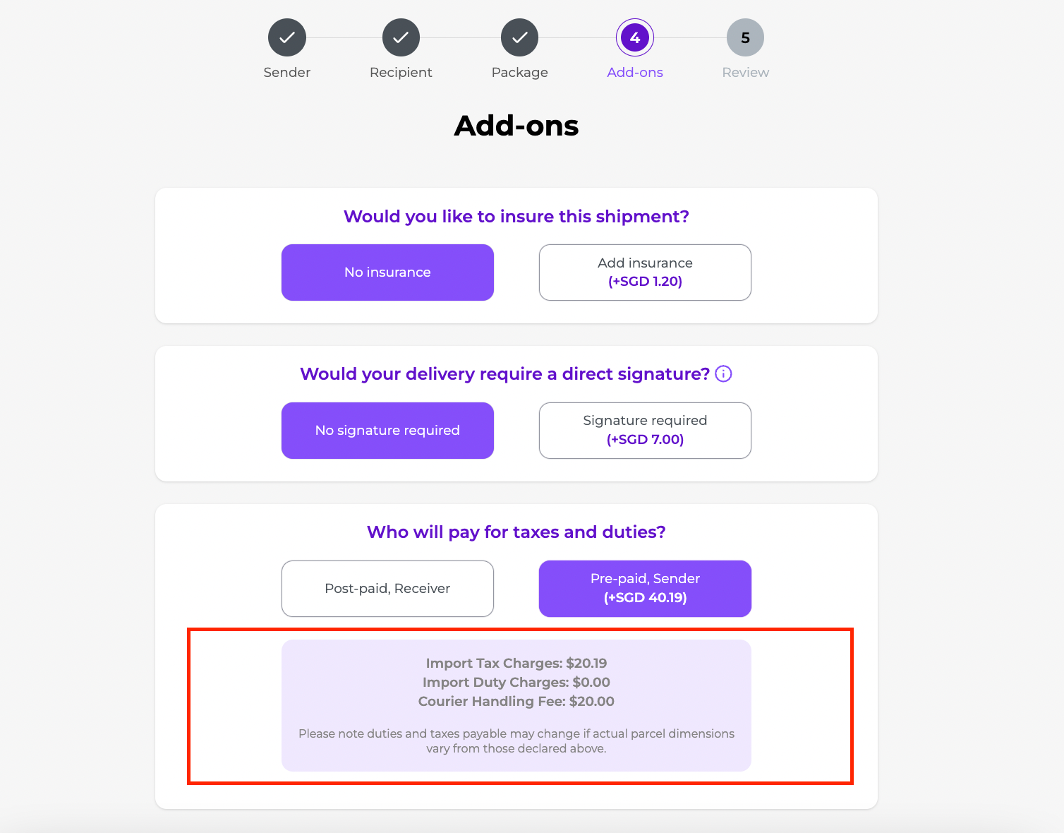 JustShip’s duties & taxes breakdown